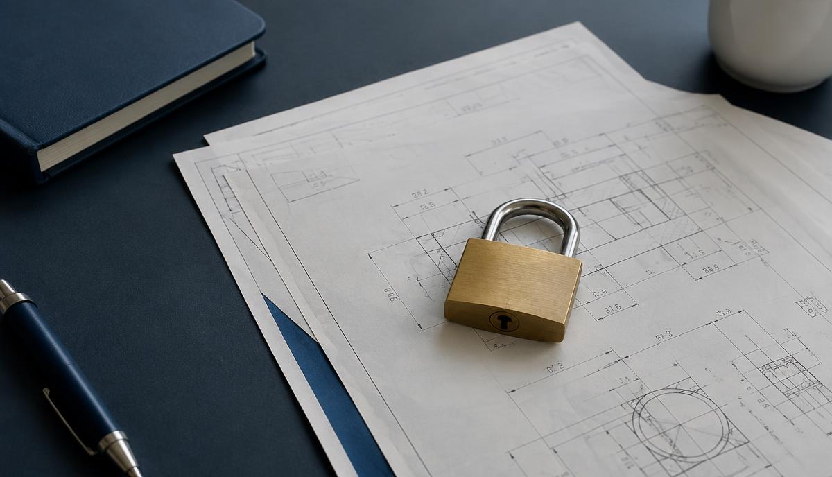 A brass padlock resting on printed technical drawings on a dark desk