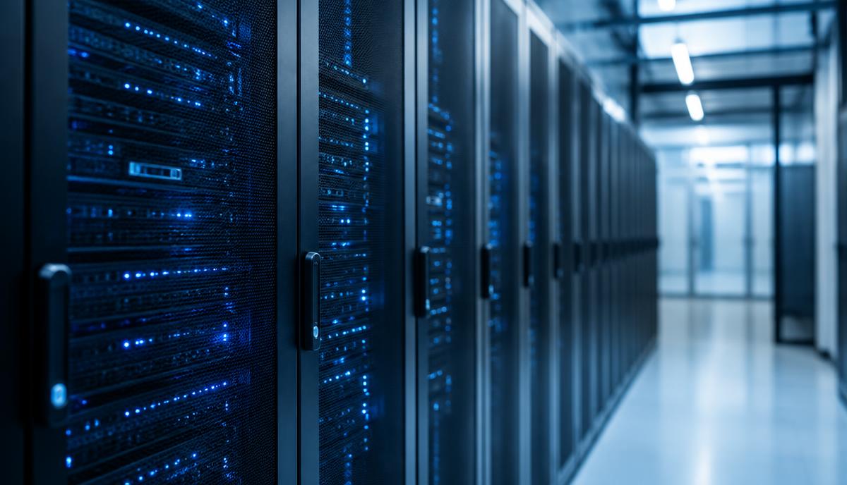 Rows of server racks with blue indicator lights in a modern data facility