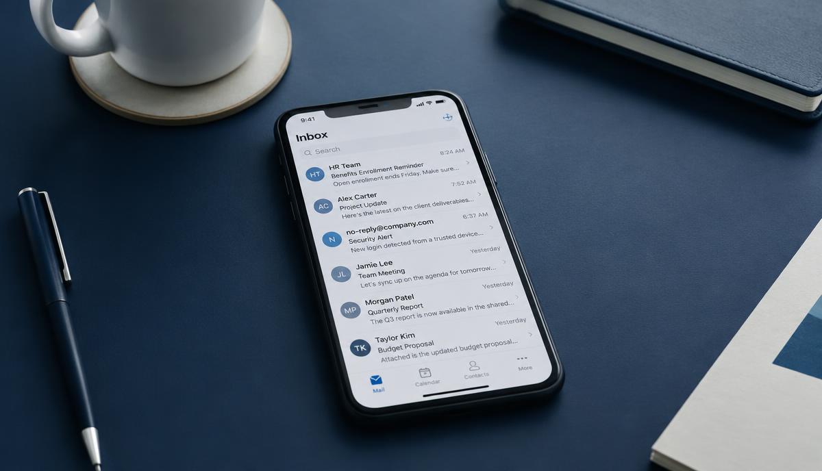 A smartphone showing an email inbox on a navy desk beside a notebook and pen