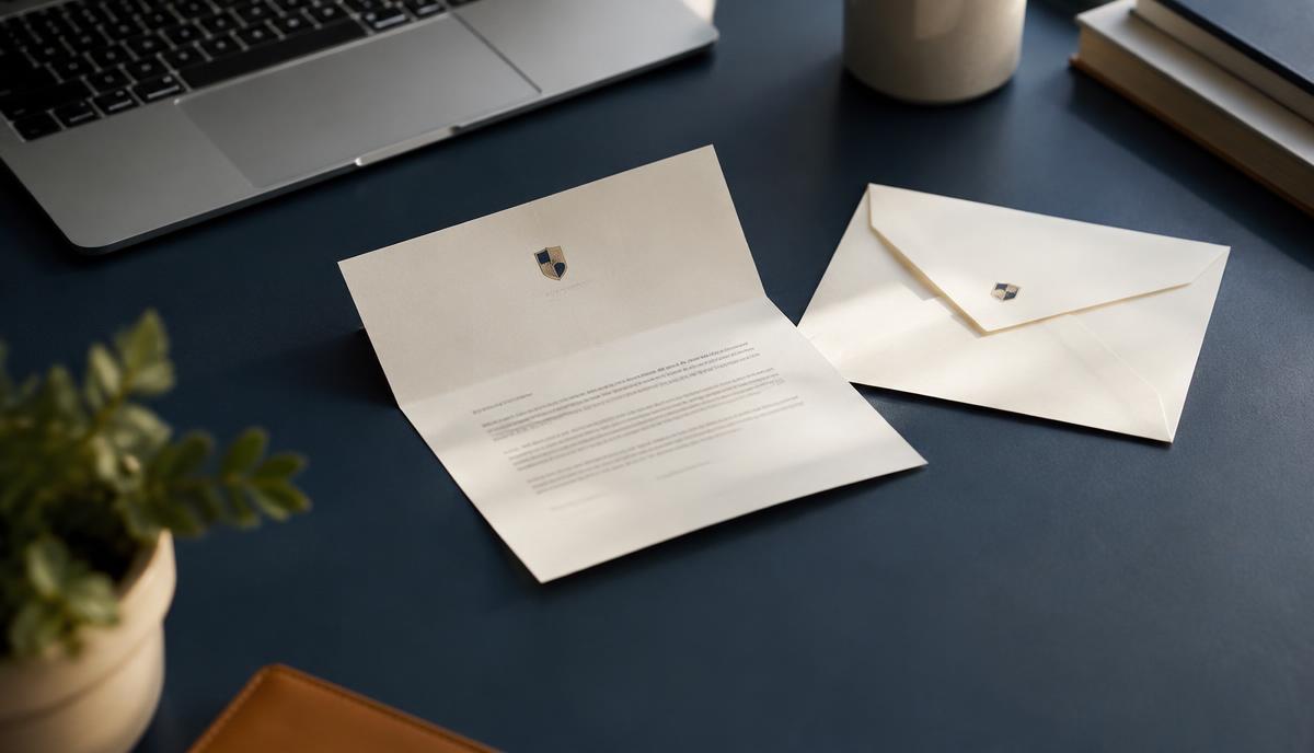 An opened welcome letter and envelope on a navy desk beside a laptop